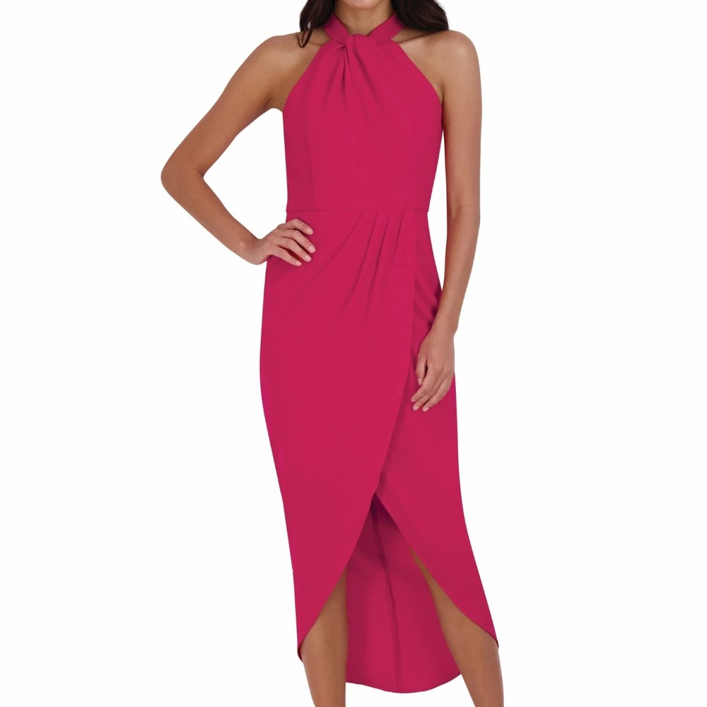 Julia Jordan Knot Neck Halter Tulip Hem Midi Dress Pink Berry Womens Size 10 NWT